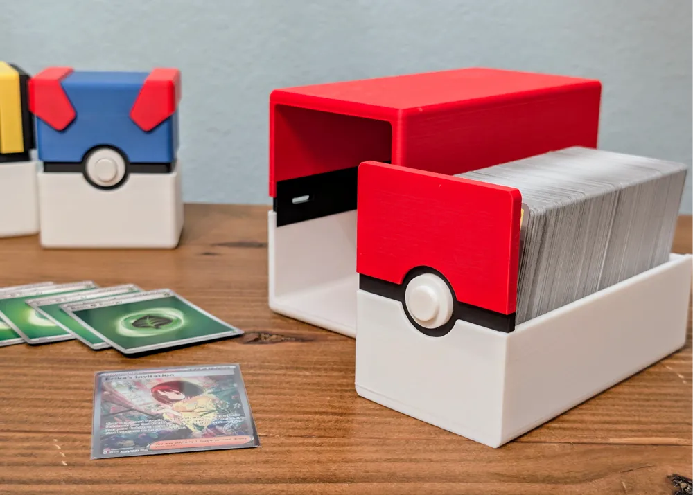 A front view of the Poke Ball version of the Pokemon Card Storage, highlighting its capability to hold almost 500 cards.